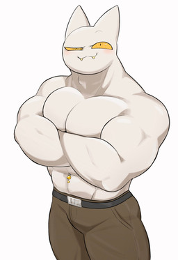 abs anthro belt belt_buckle big_muscles blush bottomwear brown_bottomwear brown_clothing brown_pants buckle clothed clothing crossed_arms fangs male muscular muscular_anthro muscular_male navel navel_piercing noseless pants pecs piercing pointy_ears sharp_teeth simple_background smile solo teeth topless white_background white_body white_skin yellow_eyes yellow_teeth oyasmis miya_(oyasmis) domestic_cat felid feline felis mammal hi_res