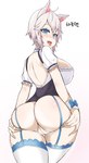 big_breasts blue_eyes blush bodily_fluids breasts butt butt_grab clothed clothing clothing_bow fangs female garter_straps genitals hair hand_on_butt legwear looking_at_viewer looking_back looking_back_at_viewer no_underwear open_mouth pussy rear_view saliva simple_background solo standing teeth thigh_gap thigh_highs tongue tongue_out white_background white_hair kim_wang_jyang third-party_edit humanoid mammal absurd_res censor_removal_edit digital_media_(artwork) hi_res shaded