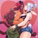 breast_grab breasts brown_hair duo female female/female fondling green_hair grope hair hand_on_breast heart_symbol kissing long_ears long_hair white_hair eymbee jackaye animal_humanoid humanoid sexual_contact 1:1 hi_res