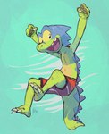 3_toes anthro barefoot blue_body blue_scales claws clothed clothing feet green_body green_scales jumping open_mouth plantigrade raised_arms red_clothing red_swimming_trunks red_swimwear scales smile soles solo swimming_trunks swimwear toes edtropolis dinosaur_bones zarland_rex reptile scalie 2019