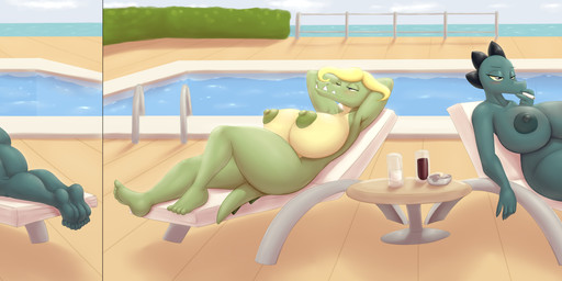 4_toes anthro areola big_breasts blush breasts container cup duo eyes_closed feet female glass huge_breasts humanoid_feet looking_at_viewer lying nipples non-mammal_breasts non-mammal_nipples on_back on_front outside plantigrade poolside sharp_teeth soles swimming_pool tail teeth toes hyperstorm_h marauder6272 camp_lazlo cartoon_network night_in_the_woods bea_santello gretchen_(camp_lazlo) crocodile crocodilian reptile scalie 2020 absurd_res digital_media_(artwork) hi_res long_image wide_image
