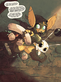 ambiguous_gender antennae_(anatomy) anthro big_ears black_hair boots breasts brown_clothing brown_gloves brown_handwear brown_legwear brown_thigh_boots brown_thigh_highs cleavage cloak clothed clothed_female clothed_humanoid clothing coin dialogue dress duo ear_piercing ear_ring female fingerless_gloves footwear fur gloves green_body green_clothing green_dress green_eyes hair handwear hood humanoid_pointy_ears idol_(object) industrial_piercing jewelry legwear necklace panties piercing pointy_ears ring_piercing running shoes speech_bubble staff text thief thigh_boots thigh_highs underwear white_body white_fur rapscallion sneaky_cheeky goblin humanoid splatcat 2025 english_text hi_res