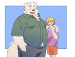 anthro black_nose bottomwear clothing cute_fangs duo eyes_closed fangs hug kemono male open_mouth overweight overweight_male shirt shorts simple_background smile teeth topwear inunoshippo canid canine canis domestic_dog mammal 2024 4:3 hi_res