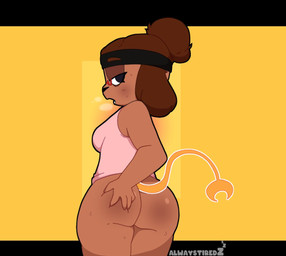 accessory anthro big_butt blush bodily_fluids bottomless bottomless_female breath butt butt_grab clothed clothing eyewear female glasses half-closed_eyes hand_on_butt headband narrowed_eyes panting pattern_background simple_background sleeveless_shirt solo sweat wide_hips alwaystiredz zed_(alwaystiredz) canid canine canis domestic_dog mammal