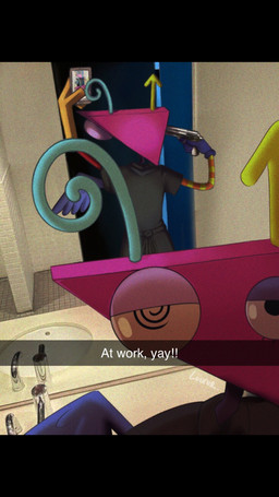 ambiguous_gender antennae_(anatomy) bathroom biped black_bars cellphone clothed clothing depression detailed_background electronics fast_food_uniform gun gun_to_head handgun holding_cellphone holding_gun holding_handgun holding_object holding_phone holding_pistol holding_ranged_weapon holding_smartphone holding_weapon humor inside looking_at_viewer mirror mouthless multicolored_body narrowed_eyes not_furry phone photo_background pink_body pistol ranged_weapon selfie smartphone solo spiral spiral_eyes suicidal taking_picture taking_selfie text weapon luixur1 glitch_productions snapchat the_amazing_digital_circus zooble_(tadc) humanoid living_toy 2026 9:16 digital_drawing_(artwork) digital_media_(artwork) english_description english_text hi_res letterbox meme mixed_media photography_(artwork) signature nonbinary_(lore)