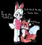 anthro bodily_fluids crying dominant_prey duo female food holding_food holding_object leash meat prey_dom_predator_sub submissive_predator tears text spitthesauce hemlock_(labbit) willow_(labbit) canid canine fox lagomorph leporid mammal rabbit english_text