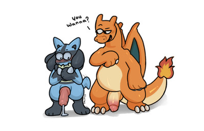 animal_genitalia animal_penis anthro blush canine_genitalia canine_penis dialogue duo genitals humanoid_genitalia humanoid_penis imminent_sex knot male penis simple_background standing text white_background fallflys nintendo pokemon charizard generation_1_pokemon generation_4_pokemon lucario pokemon_(species) english_text