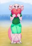 anthro beach clothed clothing fully_clothed heart_symbol looking_up male seaside shy solo standing lewd_lotl amphibian axolotl marine mole_salamander salamander 2019 digital_media_(artwork) hi_res portrait