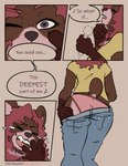 anthro bottomwear brown_body brown_fur butt clothing dialogue female fur hair one_eye_closed open_mouth panel_skew pants pink_clothing pink_hair pink_underwear rear_view singing snickering solo text underwear undressing cinnamimi samantha_(cinnamimi) bear mammal 2022 comic digital_media_(artwork) english_text hi_res