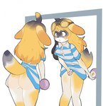 2022 animal_crossing anthro breasts butt canid clothed clothing eyewear facial_markings fridge_(artist) gender_transformation genitals glasses gynomorph head_markings hi_res intersex isabelle_(animal_crossing) looking_at_mirror looking_at_object looking_at_reflection mammal markings mask_(marking) mirror mtf_transformation nintendo open_mouth palette_(palettethepainter) pattern_clothing penis solo species_transformation striped_clothing stripes surprise transformation