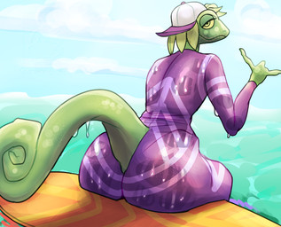 anthro butt clothing dripping_wet gesture hand_gesture hat headgear headwear looking_at_viewer looking_back looking_back_at_viewer male outside sea shaka_sign solo surfboard water wet wetsuit drstrangeluvve epic_games fortnite ziggy_(fortnite) chameleon lizard reptile scalie hi_res