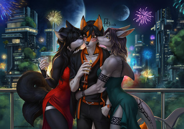 anthro biped blush bottomwear breasts claws clothed clothed_anthro clothed_female clothed_male clothing female fingers front_view fully_clothed fully_clothed_anthro fully_clothed_female fully_clothed_male fur group hair kissing male male/female outside smile standing tail topwear trio elvofirida kaitarein_(elvofirida) kamikaze_otium laguna_silverjaw canid canine canis domestic_cat felid feline felis fish fox hybrid mammal marine shark wolf 2025 digital_drawing_(artwork) digital_media_(artwork) story story_in_description