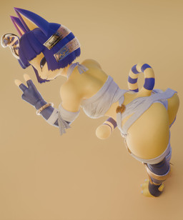 accessory anthro bandage bandaged_arm bangs bare_shoulders black_eyes blue_clothing blue_fingerless_gloves blue_gloves blue_hair blue_handwear blunt_bangs bob_cut bracelet breasts butt chest_wraps clothing egyptian female fingerless_gloves gesture gloves hair hair_accessory half-closed_eyes hand_gesture handwear high-angle_view jewelry leaning leaning_forward looking_at_viewer looking_back looking_back_at_viewer markings medium_breasts narrowed_eyes rear_view short_hair simple_background smile smiling_at_viewer solo standing striped_markings striped_tail stripes tail tail_markings thick_thighs v_sign wide_hips wraps yellow_background yellow_body rosoero warfaremachine_(modeler) animal_crossing nintendo ankha_(animal_crossing) domestic_cat felid feline felis mammal 3d_(artwork) absurd_res digital_media_(artwork) full-length_portrait hi_res portrait yellow_theme