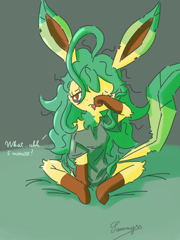 anthro anthrofied barefoot bed big_tail black_nose bodily_fluids brown_body brown_fur brown_inner_ear butterfly_sitting clothing dialogue dipstick_ears dipstick_tail drooling ear_markings eye_bags eyebrows eyelashes featureless_feet feet female fur furniture green_body green_clothing green_ear_tips green_fur green_hair green_shirt green_tail_tip green_topwear hair long_hair markings messy_hair multicolored_body multicolored_ears multicolored_fur narrowed_eyes on_bed oversized_clothing oversized_shirt oversized_topwear pokemorph saliva shirt sitting solo tail tail_markings text tired topwear yellow_body yellow_ears yellow_fur yellow_tail conditional_dnp xammyxx nintendo pokemon fan_character eeveelution generation_4_pokemon leafeon pokemon_(species) 2025 3:4 absurd_res digital_media_(artwork) english_text hi_res ibispaint_(artwork) shaded signature watermark
