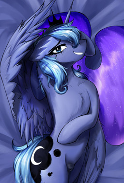animal_genitalia animal_vulva bedding bedding_background bird's-eye_view blue_eyes equine_genitalia equine_vulva feathered_wings feathers female feral genitals high-angle_view horn looking_at_viewer lying on_back semi-anthro solo vulva wings czu friendship_is_magic hasbro my_little_pony mythology princess_luna_(mlp) equid equine mammal mythological_creature mythological_equine winged_unicorn 2026 hi_res