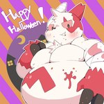 anthro bandage belly big_belly biped blush claws holidays looking_at_viewer male moon nude simple_background smile solo jimmiezangoo halloween nintendo pokemon generation_3_pokemon pokemon_(species) zangoose 1:1 2022 absurd_res digital_media_(artwork) hi_res