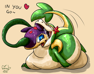 abdominal_bulge blue_eyes bodily_fluids countershading drooling feral male markings mottled mottled_body oral_vore paws purple_body quadruped red_markings saliva size_difference smaller_pred tan_body vore gyrotech leafysnivy nintendo pokemon blitz_(gyro) fan_character petal_(leafysnivy) generation_2_pokemon generation_5_pokemon pokemon_(species) quilava snivy hi_res