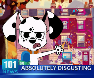 ambiguous_gender angry black_body black_fur black_pawpads black_spots collar electronics feral fur looking_at_viewer markings microphone open_mouth pawpads screencap screencap_background solo spots spotted_body spotted_fur tongue toony white_body white_fur white_spots young young_feral lonbluewolf 101_dalmatian_street 101_dalmatians absolutely_disgusting disney disgust_(101_dalmatians) canid canine canis dalmatian domestic_dog mammal 2020 meme