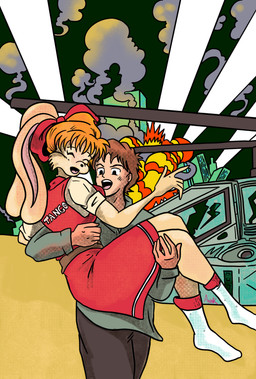 aircraft anthro arcade bow_ribbon clothing cosplay dress duo explosion female female_anthro footwear gaming helicopter hug lifted male male/female male_human saved socks vehicle annk tangobunny human lagomorph leporid mammal rabbit absurd_res hi_res