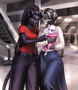 5_fingers anthro beld biped bottomwear braided_hair breasts claws clothed clothed_anthro clothed_female clothing ear_piercing female finger_claws fingers front_view fully_clothed fully_clothed_anthro fully_clothed_female fur group hair heterochromia inner_ear_fluff inside long_hair looking_at_another markings open_mouth pants piercing shirt smile spots spotted_body spotted_fur spotted_markings spotted_tail standing t-shirt tail tail_markings teeth tongue topwear trio tuft young kilbi felid feline mammal 2026 digital_drawing_(artwork) digital_media_(artwork) hi_res mother_(lore) mother_and_child_(lore) parent_(lore) parent_and_child_(lore)