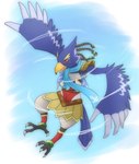 anthro armor beak blue_body blue_feathers feather_hands feathers male membrane_(anatomy) membranous_wings multicolored_body multicolored_feathers scarf tail tail_feathers white_body white_feathers wings raptor_roar22 breath_of_the_wild nintendo the_legend_of_zelda revali avian rito hi_res