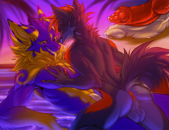 animal_genitalia animal_penis anthro beach blue_eyes breath canine_genitalia canine_penis duo frottage frottage_in_another's_body fur genitals glowing grey_body grey_fur knot knotted_penis male male/male orange_body orange_fur panting penile penis penises_touching purple_body purple_fur sex size_difference smile sunset yellow_body yellow_fur yellow_penis fullforceural hita9 agate_(duni) canid canine canis mammal wolf zorgoia absurd_res hi_res