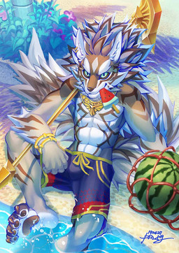 abs anthro black_nose clothed clothing countershading detailed_background ear_piercing food fruit fur green_eyes male melon muscular muscular_anthro muscular_male outside piercing plant seaside solo summer swimwear water watermelon apin59 lifewonders tokyo_afterschool_summoners seth_(tas) canid canine canis jackal mammal digital_media_(artwork) hi_res