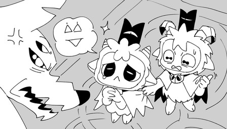 angry anthro bell bell_collar bikini bikini_bottom bikini_top bodily_fluids cape clothing collar cross-popping_vein fur group male open_mouth speech_bubble sweat swimwear two-piece_swimsuit coconoko cult_of_the_lamb massive_monster_(studio) goat_(cult_of_the_lamb) lamb_(cult_of_the_lamb) marchosias_(cult_of_the_lamb) purple_crown_(cult_of_the_lamb) red_crown_(cult_of_the_lamb) bovid canid canine canis caprine goat mammal sheep wolf 2026 hi_res monochrome widescreen