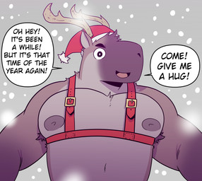 anthro antlers armpit_hair body_hair brown_body brown_fur christmas_clothing christmas_headwear clothing front_view fur harness hat headgear headwear holidays horn male muscular muscular_anthro muscular_arms muscular_male offering_hug open_mouth open_smile pecs santa_hat smile smiling_at_viewer snow solo speech_bubble text t0l0k christmas dasher_(t0l0k) deer mammal new_world_deer reindeer 2024 digital_media_(artwork) english_text hi_res