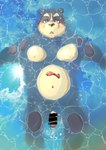 anthro belly big_belly blush condom filled_condom genitals kemono lying male moobs navel overweight overweight_male penis sexual_barrier_device solo water hachirouta bear mammal 2023 absurd_res censored hi_res