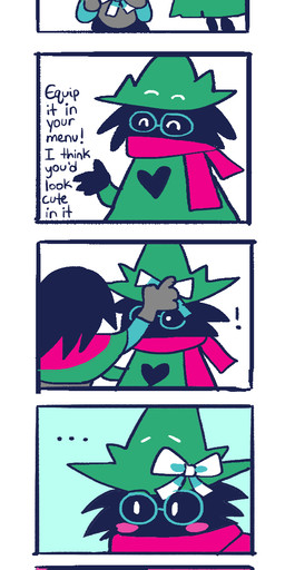 ambiguous_gender ambiguous_human blush blush_stickers bow_(feature) bow_tie clothed clothing dialogue duo ellipsis exclamation_point eyewear fur glasses hair heart_symbol humor scarf text mtt-brandanimepowder deltarune undertale_(series) kris_dreemurr ralsei bovid caprine darkner goat human mammal 2018 comic digital_media_(artwork) english_text hi_res