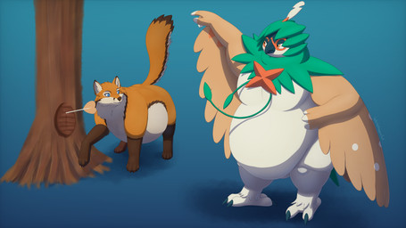 ambiguous_gender arrow_(weapon) belly big_belly brown_body brown_fur duo feathered_wings feathers female feral food fur huge_belly leaf meat obese obese_feral orange_body orange_fur overweight overweight_feral plant ranged_weapon scared simple_background thick_thighs tree weapon white_body white_fur wings white-dragon nintendo pokemon melia_(whitedragoncito) canid canine decidueye fox generation_7_pokemon mammal pokemon_(species) 16:9 2026 4k absurd_res cel_shading hi_res shaded signature widescreen