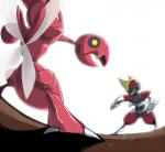 ambiguous_gender duo insect_wings looking_at_another pincers red_body simple_background standing staredown white_background wings yellow_eyes gomoku_rice2 nintendo pokemon bisharp generation_2_pokemon generation_5_pokemon pokemon_(species) scizor