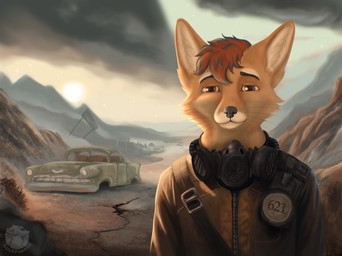 anthro brown_hair cheek_tuft clothing facial_tuft fur gas_mask hair half-closed_eyes jacket landscape leather leather_clothing leather_jacket leather_topwear male mask narrowed_eyes post-apocalyptic smile solo tan_body tan_fur topwear tuft conditional_dnp luckfoxo33 fallout microsoft canid canine fox mammal digital_media_(artwork) digital_painting_(artwork) hi_res painting_(artwork)