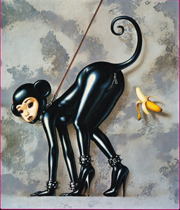 all_fours banana bodysuit clothing collar female food food_fetish footwear fruit high_heels latex leash plant raised_tail shoes skinsuit solo spikes suggestive suggestive_food tail text tight_clothing zipper trevor_brown animal_humanoid haplorhine humanoid mammal mammal_humanoid monkey monkey_humanoid primate primate_humanoid absurd_res english_text hi_res painting_(artwork) traditional_media_(artwork)