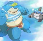 anthro blue_body clothing doggy_paddle duo hat headgear headwear male overweight overweight_male slightly_chubby speedo swimming swimwear underwater visor_cap water ayame42612 lifewonders tokyo_afterschool_summoners makara_(tas) moritaka_(tas) canid canine canis crocodile crocodilian domestic_dog mammal reptile scalie