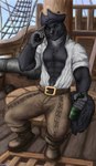 alcohol anthro beverage bulge drinking male muscular pirate rum sailor ship sitting solo vehicle watercraft gevual corwolf canid canine canis mammal wolf hi_res