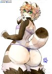 anthro big_butt biped breasts butt clothed clothing female hair looking_at_viewer looking_back looking_back_at_viewer multicolored_body small_breasts smile smiling_at_viewer standing thong underwear murazaki canid canine mammal raccoon_dog tanuki absurd_res hi_res traditional_media_(artwork)