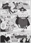 anthro beard big_breasts bodily_fluids bouncing_breasts breasts clothing dialogue facial_hair female footwear greeting group hat headgear headwear high_heels huge_breasts jewelry male sandals shoes sweat tail text thick_thighs worker peculiart gus_(peculiart) sue_(peculiart) bovid caprine devilchild goat lizard mammal reptile scalie absurd_res comic english_text hi_res monochrome