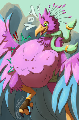 ambiguous_gender ambiguous_prey anthro anthro_pred avian_feet beak biped blue_body bottomwear clothed clothing feathered_crest feathered_wings feathers femboy green_eyes head_crest male pink_body scarf skirt tail tail_feathers vore winged_arms wings arkailart gyrotech nintendo the_legend_of_zelda gyro_feather avian bird galliform peafowl phasianid rito absurd_res hi_res