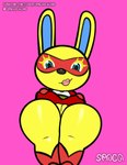 absurd_res accessory animal_crossing anthro clothed clothing clothing_lift female genitals hi_res lagomorph leporid lipstick looking_at_viewer looking_down makeup mammal mask mira_(animal_crossing) nintendo pussy rabbit simple_background solo spaca text url
