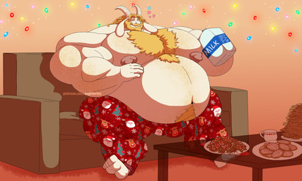 2_horns anthro arm_hair barefoot beard belly belly_expansion belly_hair big_belly big_muscles big_nipples big_pecs blonde_beard blonde_facial_hair blonde_hair blonde_pubes body_hair chest_hair christmas_decorations christmas_lights clothed clothing container cookie cup curly_hair expansion eyes_closed facial_hair feet fluffy fluffy_chest food fur furniture gingerbread_cookie gradient_background hair hand_on_belly heart_symbol holidays horn huge_muscles huge_pecs hyper hyper_muscles hyper_pecs long_ears male milk milk_container milk_jug musclegut muscular muscular_anthro muscular_male navel nipples on_sofa overweight overweight_anthro overweight_male pajama_pants pecs pink_nipples pink_tongue plate pubes simple_background sitting sofa solo tea_cup text tongue tongue_out topless topless_male weight_gain white_body white_fur silver-stag christmas undertale_(series) asgore_dreemurr bovid caprine goat mammal hi_res url