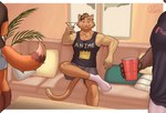 anthro beverage birthday claws clothed clothing drinking footwear furniture group hair male party shirt socks sofa solo_focus tank_top topwear matthew-x hank_(meesh) joseph_warren_(meesh) meesh_(character) canid canine domestic_cat felid feline felis fox mammal red_fox true_fox 2022 hi_res