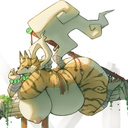 anthro beaded_jewelry beaded_necklace beads belly big_belly big_breasts big_butt breasts butt eyelashes female fur fur_markings green_eyes hanging_breasts huge_breasts huge_butt jewelry love_handles markings necklace nipples nude overweight overweight_anthro overweight_female pillar scabbard simple_background solo striped_body striped_fur stripes white_background wrappings hyploom cass_(hyploom) canid canine fox mammal 1:1 2026 hi_res