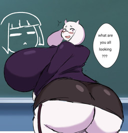 2_horns anthro big_breasts big_butt blush bottomwear breasts butt chalkboard classroom clothed clothing curvy_figure embarrassed eyewear female floppy_ears garter_straps glasses horn huge_breasts huge_butt huge_hips hyper hyper_breasts hyper_butt inside looking_at_viewer looking_back looking_back_at_viewer lop_ears open_mouth pencil_skirt purple_eyes rear_view school skirt solo speech_bubble standing suit talking_to_viewer teacher text tight_bottomwear tight_clothing tight_skirt topwear underbutt undersized_bottomwear undersized_clothing wearing_glasses white_body wide_eyed wide_hips momijizx undertale undertale_(series) chara_(undertale) toriel boss_monster_(undertale) bovid caprine goat mammal 2022 alternate_version_at_source digital_drawing_(artwork) digital_media_(artwork) english_text hi_res