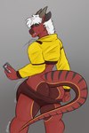 anthro big_bulge big_butt bulge butt clothed clothing crop_top electronics hair horn male phone red_body shirt solo tail tongue tongue_out topwear underwear white_hair yellow_clothing yellow_topwear talidrawing mythology gariyuu dragon mythological_creature mythological_scalie scalie wingless_dragon 2:3 absurd_res hi_res