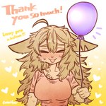 anthro balloon blush bodily_fluids breasts clothed clothing eyes_closed female female_anthro fur hair heart_symbol holding_balloon holding_object inflatable long_ears long_hair solo sweat sweatdrop tan_body tan_fur tan_hair text thank_you topwear comifur loomy_(comifur) canid canine canis domestic_dog mammal 1:1 digital_drawing_(artwork) digital_media_(artwork) english_text