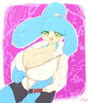 big_breasts big_ears blue_arms blue_body blue_fingers blue_legs blue_skin blue_thighs blush bodily_fluids bottomwear breasts clock clothed clothing female fingers floppy_ears glistening glistening_body glistening_eyes glistening_skin green_eyes jacket looking_at_viewer noseless shorts simple_background smile solo spandex spandex_shorts standing sweat sweaty_breasts tight_bottomwear tight_clothing tight_shorts tongue tongue_out topwear watch white_clothing zipper keyhat_tk10 cream_soda_(keyhat) humanoid unknown_species 2018 dated digital_media_(artwork) signature