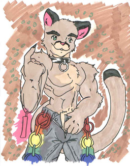 anthro beckoning bottomwear clothing collar gesture glow_ring glowstick looking_at_viewer male pants solo artimas kovu_cougar cougar felid feline mammal colored portrait traditional_media_(artwork)