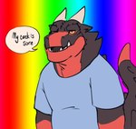 anthro brown_body chibsarts chiderg clothing dialogue dragon english_text hi_res horn lgbt_pride male mythological_creature mythological_scalie mythology pride_colors rainbow_background rainbow_pride_colors reaction_image scalie shirt simple_background solo speech_bubble text topwear